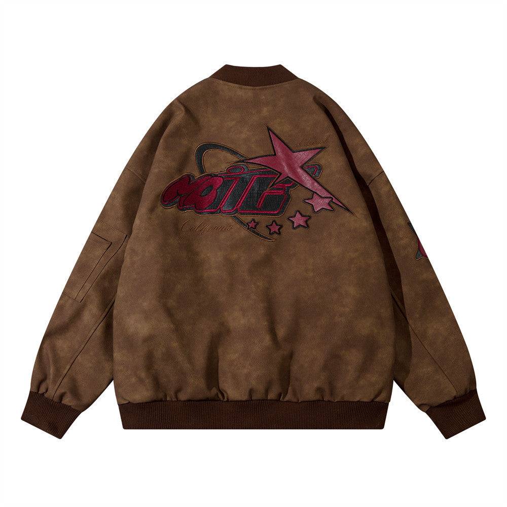 American Street Letters Embroidered PU Leather Jacket Men Fashion Brands Motorcycle Clothing Brown